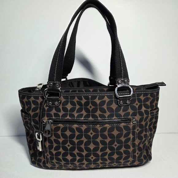 Fossil Purse Brown Black Signature Canvas Tote Shoulder Bag Boho Preppy Travel - Picture 1 of 13